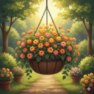 Heat-tolerant lantana clusters blooming vividly as the best flower plants for hanging baskets in hot climates.