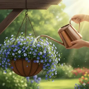 A stunning mixed floral arrangement combining silver foliage with various blue hanging basket plants.