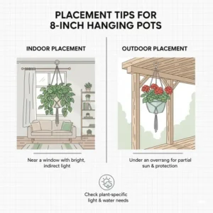 An illustration showing the ideal hanging height and location for 8 inch hanging pots in a garden setting.