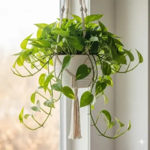 A healthy green Pothos plant growing inside a minimalist 4 inch hanging planter with long trailing vines.