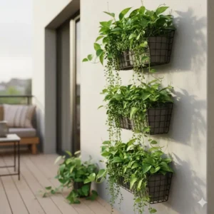 A vertical arrangement of a set of three outdoor wall basket units on a balcony.