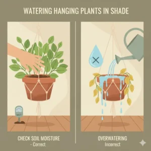 A helpful guide on how to properly water hanging plants for shade to avoid overwatering.