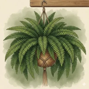 A lush green Boston Fern in a macrame basket, one of the top hanging plants good in shade.