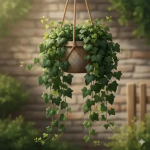 Trailing English Ivy perennial hanging plants cascading from a ceramic pot.