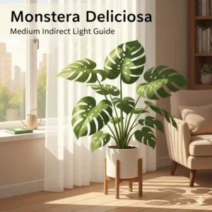 A digital illustration of a Monstera Deliciosa, one of the most popular medium indirect light plants, near a window.