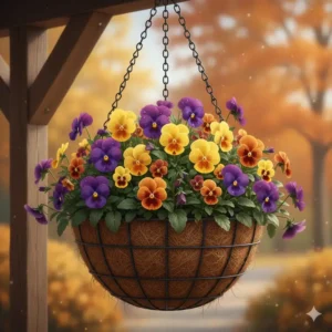 A close-up of yellow and purple pansies used as autumn hanging basket plants in a coir-lined planter.