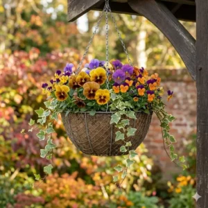 Close-up of colorful violas and pansies, ideal flowers for autumn hanging baskets.