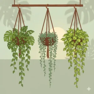 Illustration of trailing vines and lush greenery, perfect tropical plants for hanging baskets.