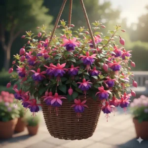 Vibrant pink and purple Fuchsia flowers in a perennial hanging plants basket.