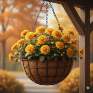 Bright golden chrysanthemums blooming beautifully as autumn hanging basket plants for garden decor.
