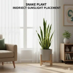 An infographic showing the perfect indoor placement for snake plant as medium indirect light plants.