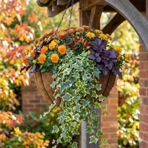 Variegated trailing ivy acting as a green filler for flowers for autumn hanging baskets.