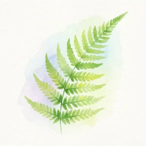 A soft watercolor painting of a light fern frond using shades of lime and emerald green.
