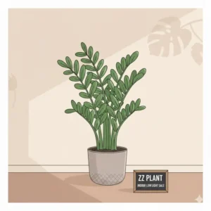 A detailed illustration of a ZZ plant, one of the most resilient indoor plants low light for sale.
