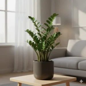 Close-up of a glossy ZZ Plant, a perfect choice when looking for durable low light houseplants for sale.