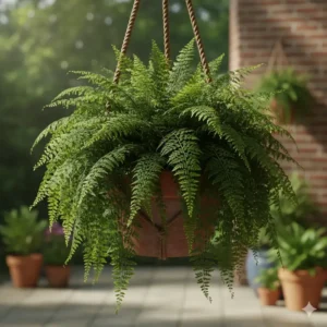 Lush green Boston Fern, a popular choice for indoor perennial hanging plants in shaded areas.