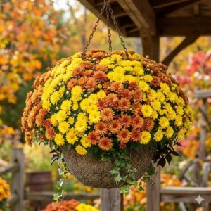 Bright yellow and orange chrysanthemums used as centerpiece flowers for autumn hanging baskets.