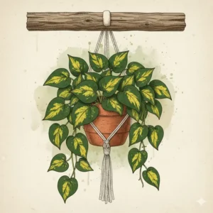 Golden Pothos with variegated leaves shown as easy-to-grow hanging plants good in shade.