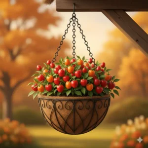 Colorful red and orange ornamental peppers integrated into a display of autumn hanging basket plants.