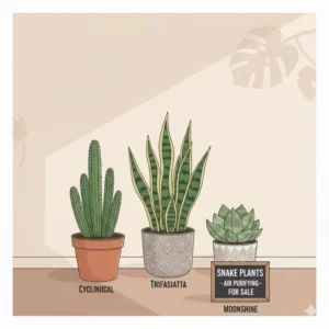 Multiple varieties of Sansevieria shown as essential indoor plants low light for sale for air purification.