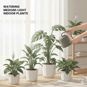 A person using a watering can to care for their indoor medium indirect light plants in a bright room.