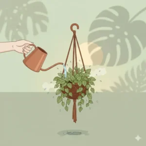 Illustration showing a person watering tropical plants for hanging baskets to maintain high humidity.