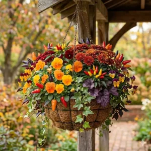 Spicy red ornamental peppers mixed with flowers for autumn hanging baskets for a textured look