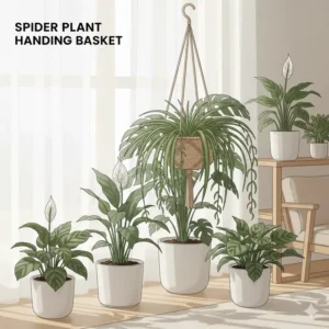 A lush spider plant in a hanging basket, ideal for rooms that accommodate medium indirect light plants.
