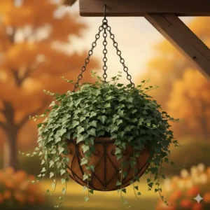 Lush trailing ivy foliage cascading from a variety of autumn hanging basket plants in a backyard setting.