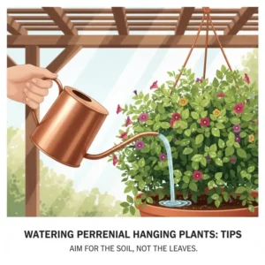 A detailed guide showing the proper way to water perennial hanging plants to prevent root rot.