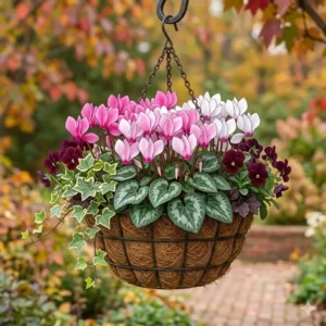 Elegant pink and white hardy cyclamen, popular flowers for autumn hanging baskets.