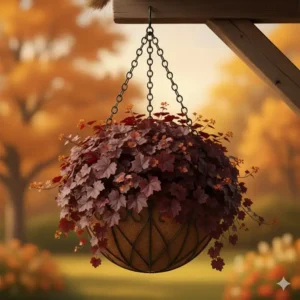 Deep burgundy Heuchera leaves adding rich texture to a collection of autumn hanging basket plants.