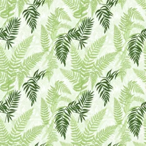 A seamless wallpaper pattern featuring repeating light fern leaves and tropical greenery.