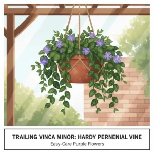 Purple-flowered Trailing Vinca Minor growing as hardy perennial hanging plants.