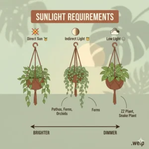 An educational diagram showing sunlight requirements for various tropical plants for hanging baskets.
