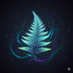 An abstract illustration of a light fern with a soft neon glow against a dark, moody background.