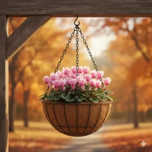 Delicate pink cyclamen flowers blooming as seasonal autumn hanging basket plants in a cool-weather garden.