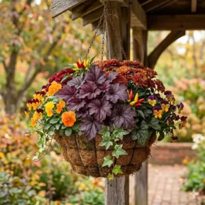 Deep purple heuchera leaves complementing other flowers for autumn hanging baskets.