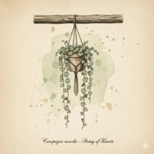 Delicate String of Hearts illustration, a minimalist choice for hanging plants good in shade.