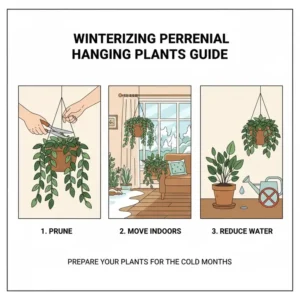 Educational diagram illustrating how to prune and protect perennial hanging plants for winter.