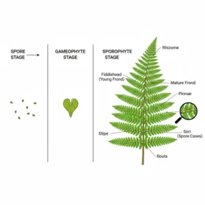 A labeled educational illustration showing the growth stages and frond structure of a light fern.