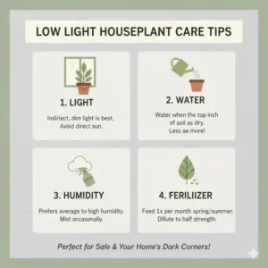 An informative infographic sharing essential care tips for maintaining low light houseplants for sale.