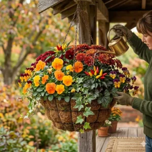A person using a watering can to maintain fresh flowers for autumn hanging baskets on a porch.