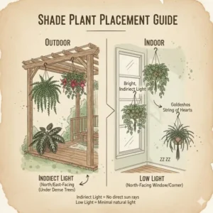 A comprehensive placement guide showing where to put hanging plants good in shade indoors and outdoors.