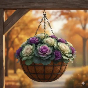 Textured ornamental cabbage and kale arranged as hardy autumn hanging basket plants for the fall season.