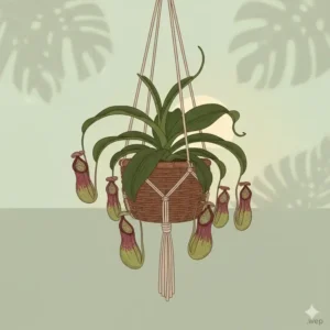 Illustration of a unique carnivorous pitcher plant among other tropical plants for hanging baskets.