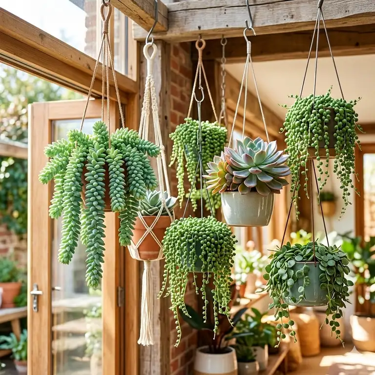 A variety of lush hanging plants direct sunlight thriving by a large south-facing window.