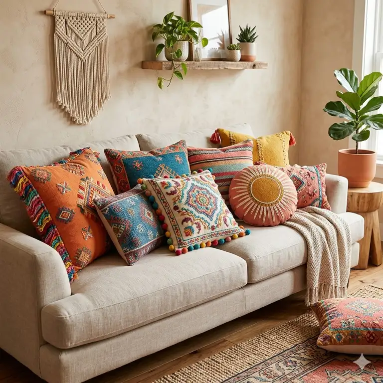A vibrant collection of colorful boho pillows with tassels and embroidery arranged on a neutral sofa.