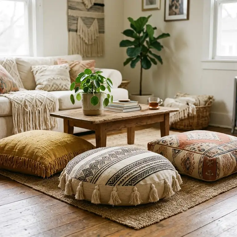 A cozy bohemian living room featuring oversized patterned boho floor cushions arranged around a low wooden coffee table.