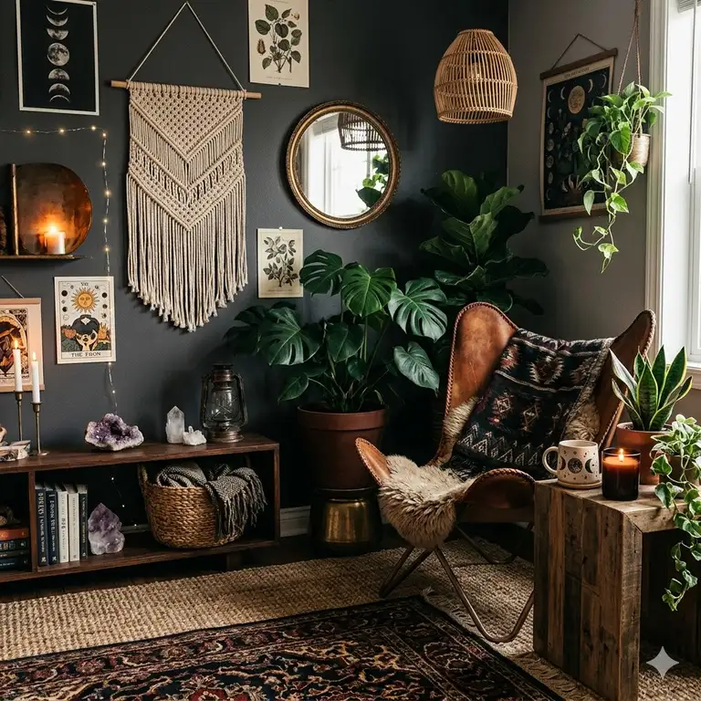 A moody dark boho living room featuring charcoal walls, a leather butterfly chair, and lush indoor plants.